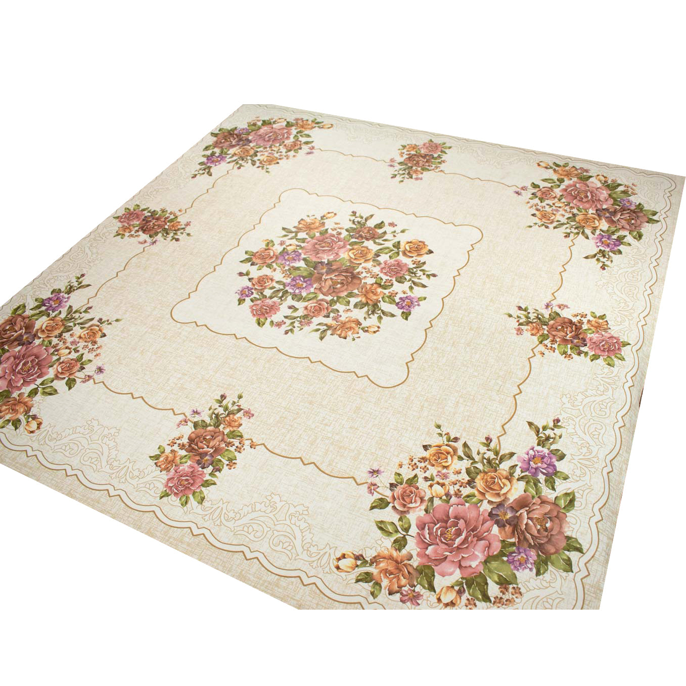 Brown & Pink Flower Square Plastic Tablecloth Fabric 140X140 cm Panel