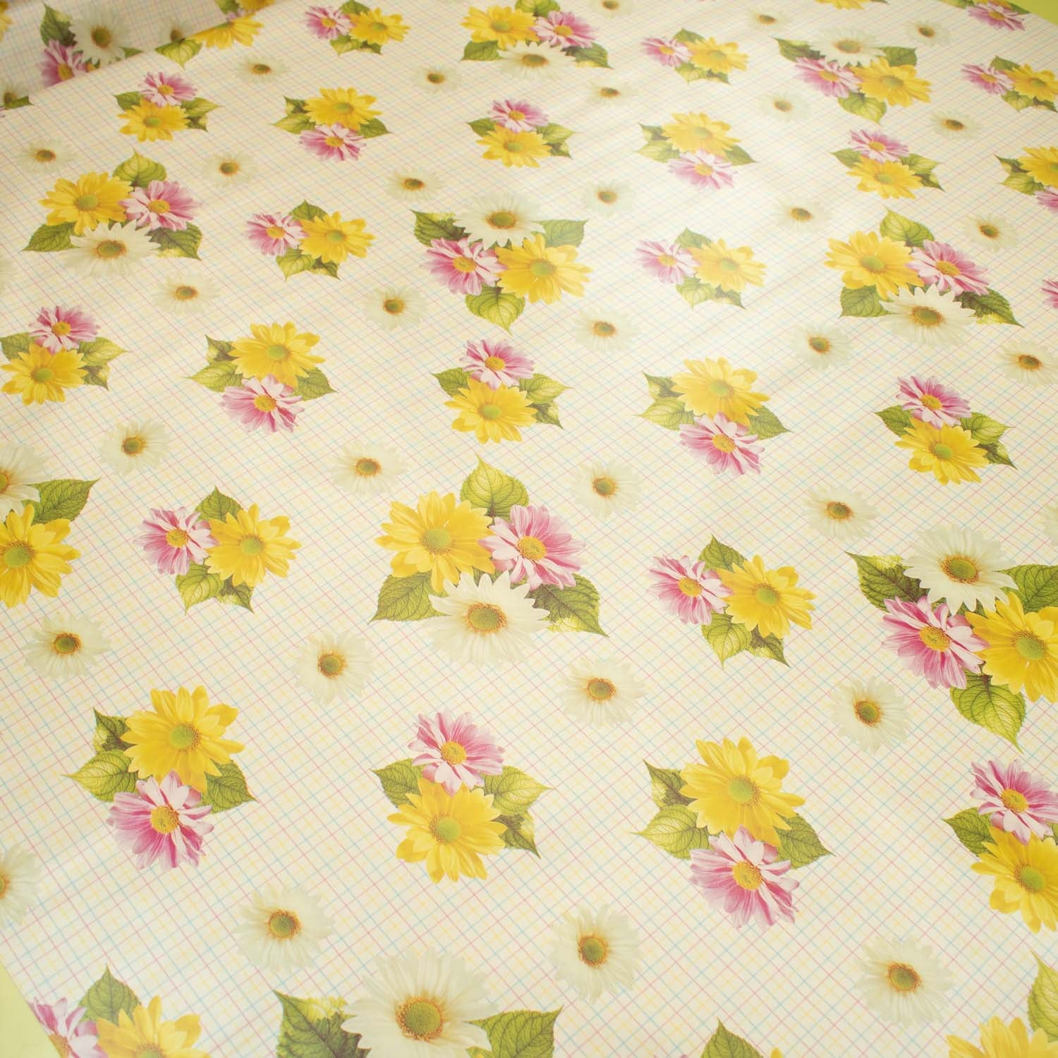 Daisy Flowers on Yellow Checks Plastic Tablecloth Fabric