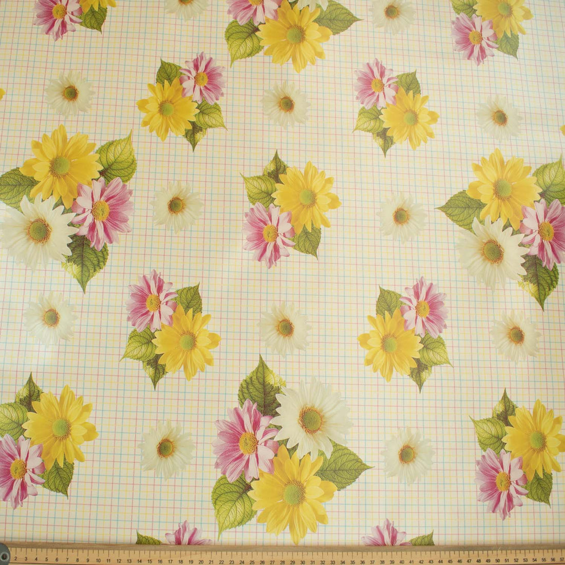 Daisy Flowers on Yellow Checks Plastic Tablecloth Fabric