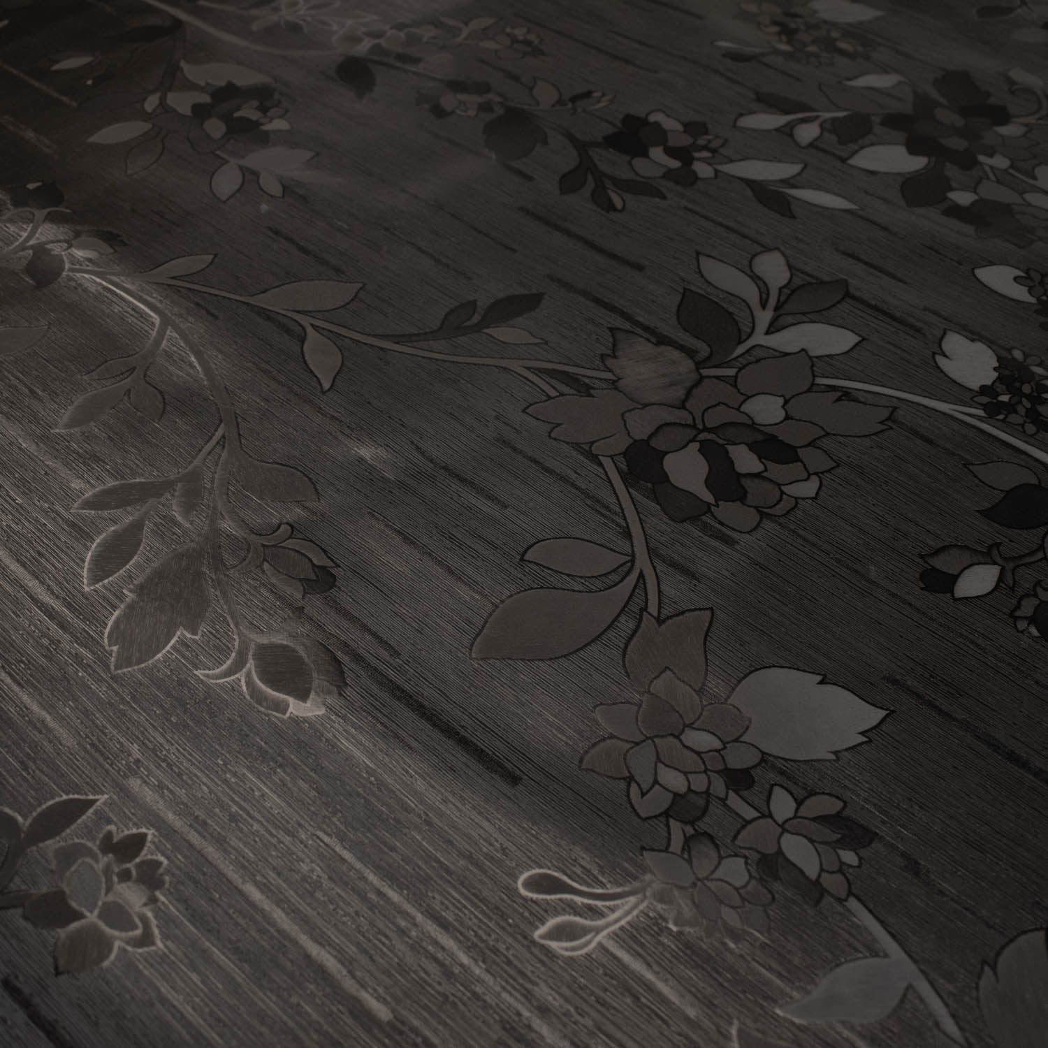 Black Floral Vines Plastic Tablecloth Fabric