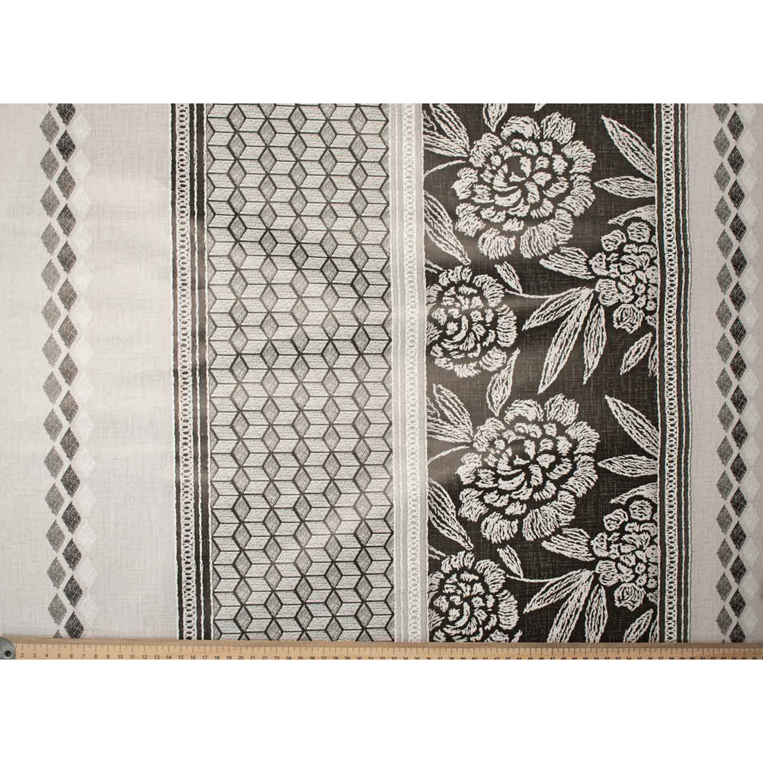 Black Flowers & Stripes Plastic Tablecloth Fabric