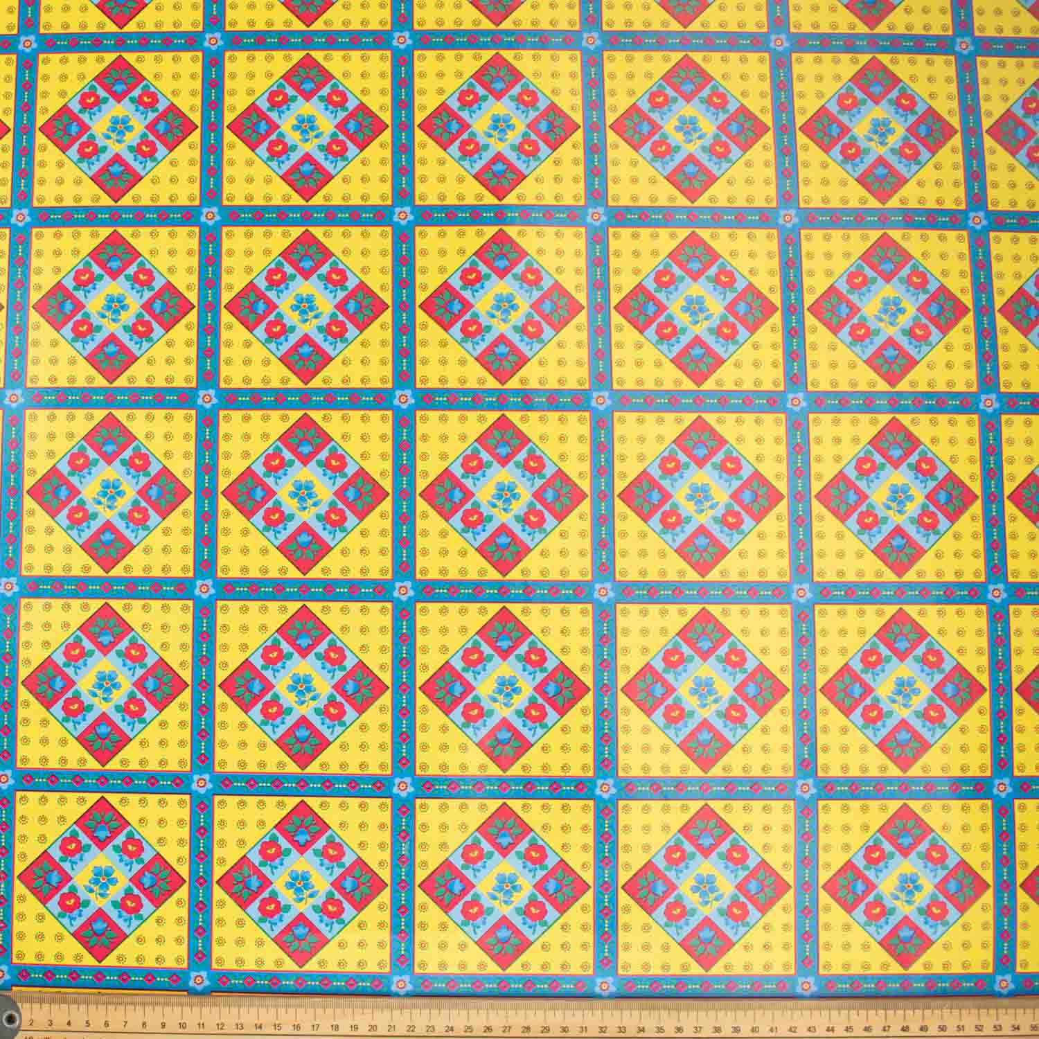Blue & Yellow Vintage Check Plastic Tablecloth Fabric