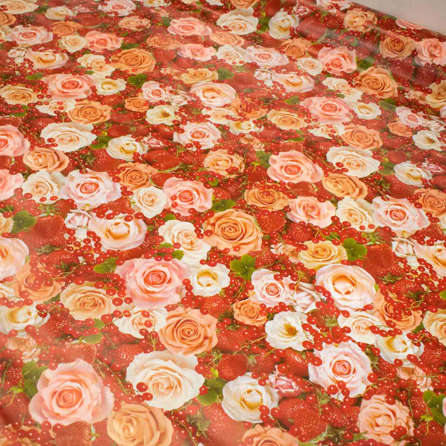 Roses & Strawberry Plastic Tablecloth Fabric