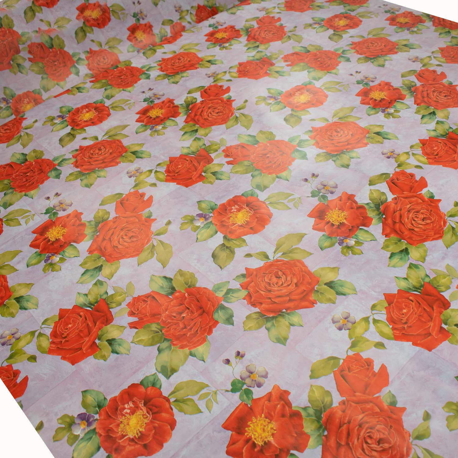 Red Camelia on Lilac Plastic Tablecloth Fabric
