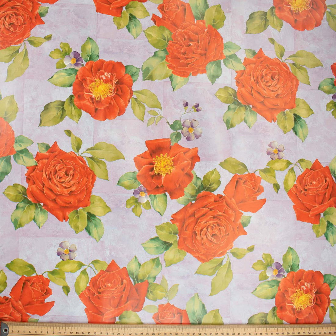 Red Camelia on Lilac Plastic Tablecloth Fabric