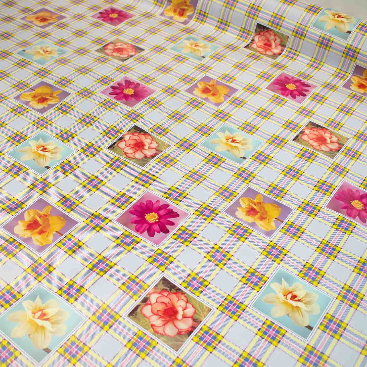 Flowers & Checks on Blue Plastic Tablecloth Fabric