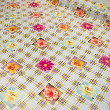 Flowers & Checks on Blue Plastic Tablecloth Fabric