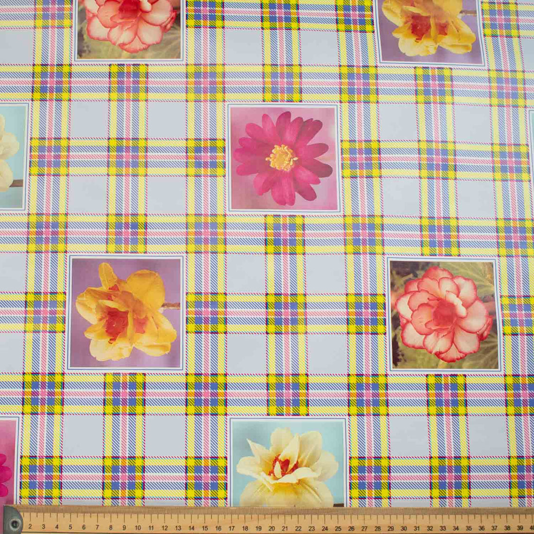 Flowers & Checks on Blue Plastic Tablecloth Fabric
