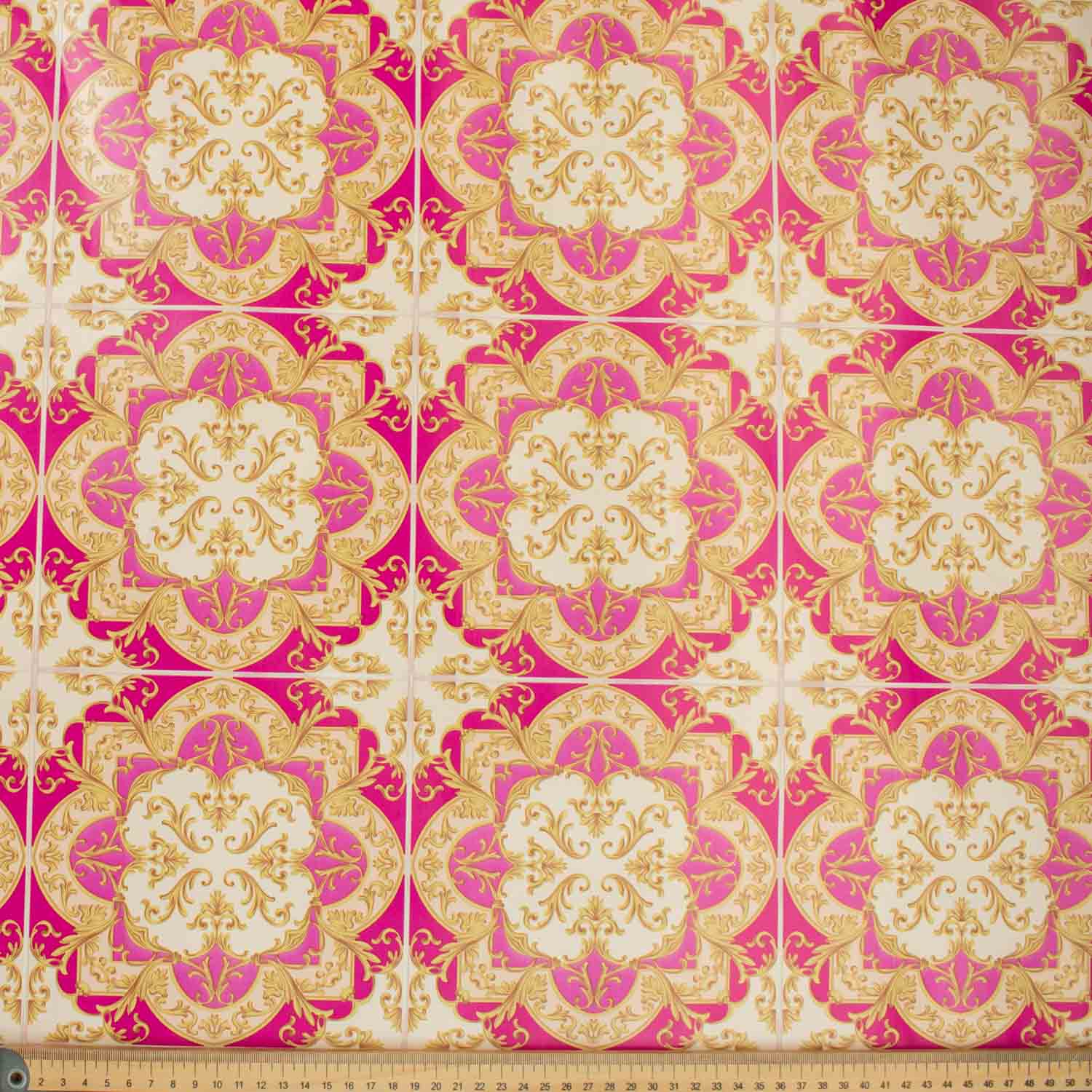 Gold & Pink Vintage Flowers Plastic Tablecloth Fabric