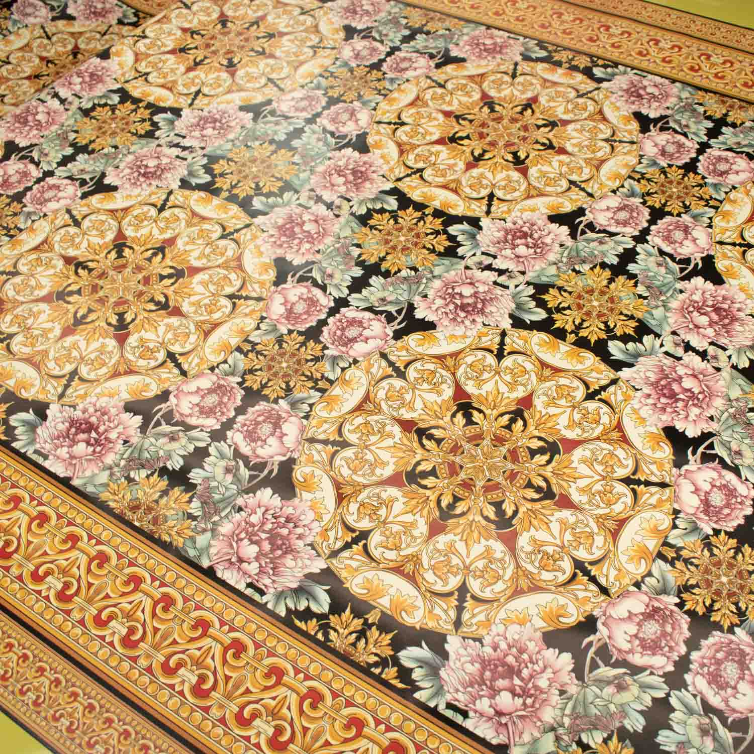 Gold & Black Vintage Flower Plastic Tablecloth Fabric