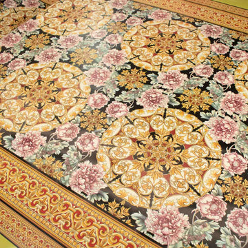 Gold & Black Vintage Flower Plastic Tablecloth Fabric