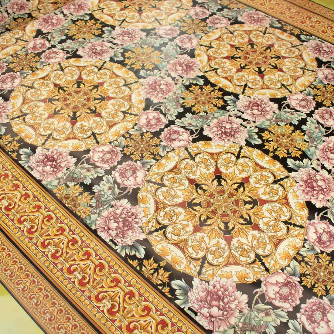 Gold & Black Vintage Flower Plastic Tablecloth Fabric