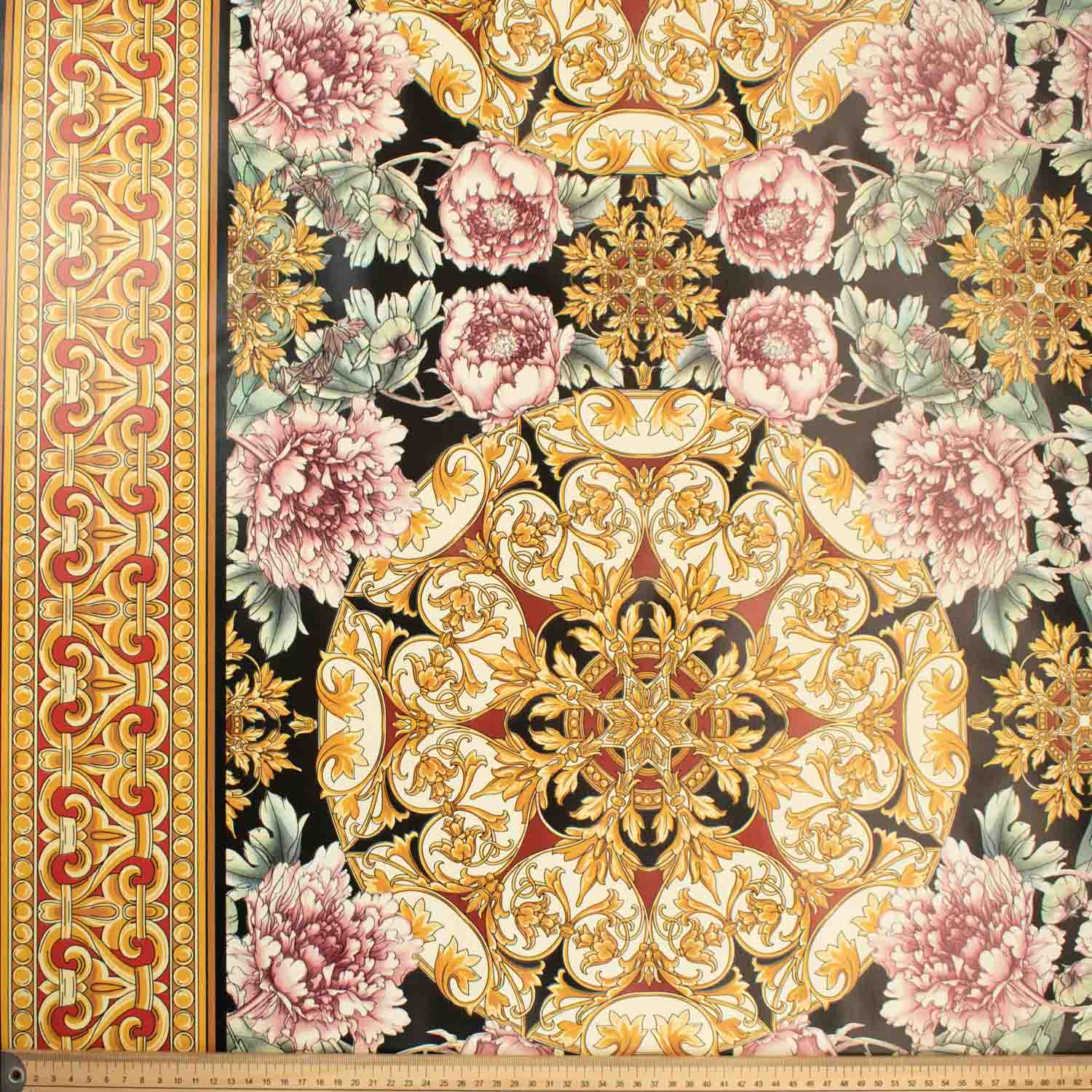 Gold & Black Vintage Flower Plastic Tablecloth Fabric