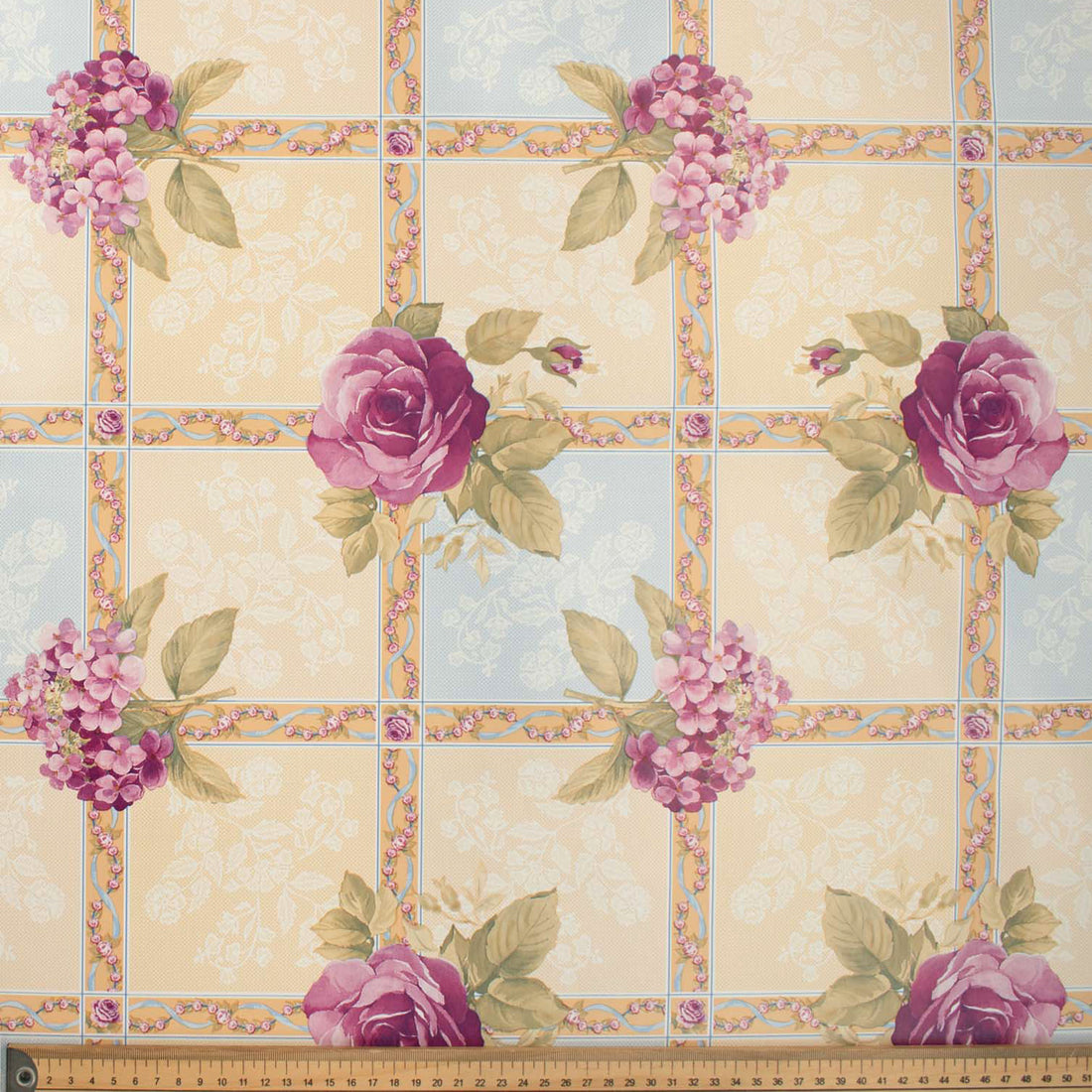 Purple Roses on Cream Check Plastic Tablecloth Fabric