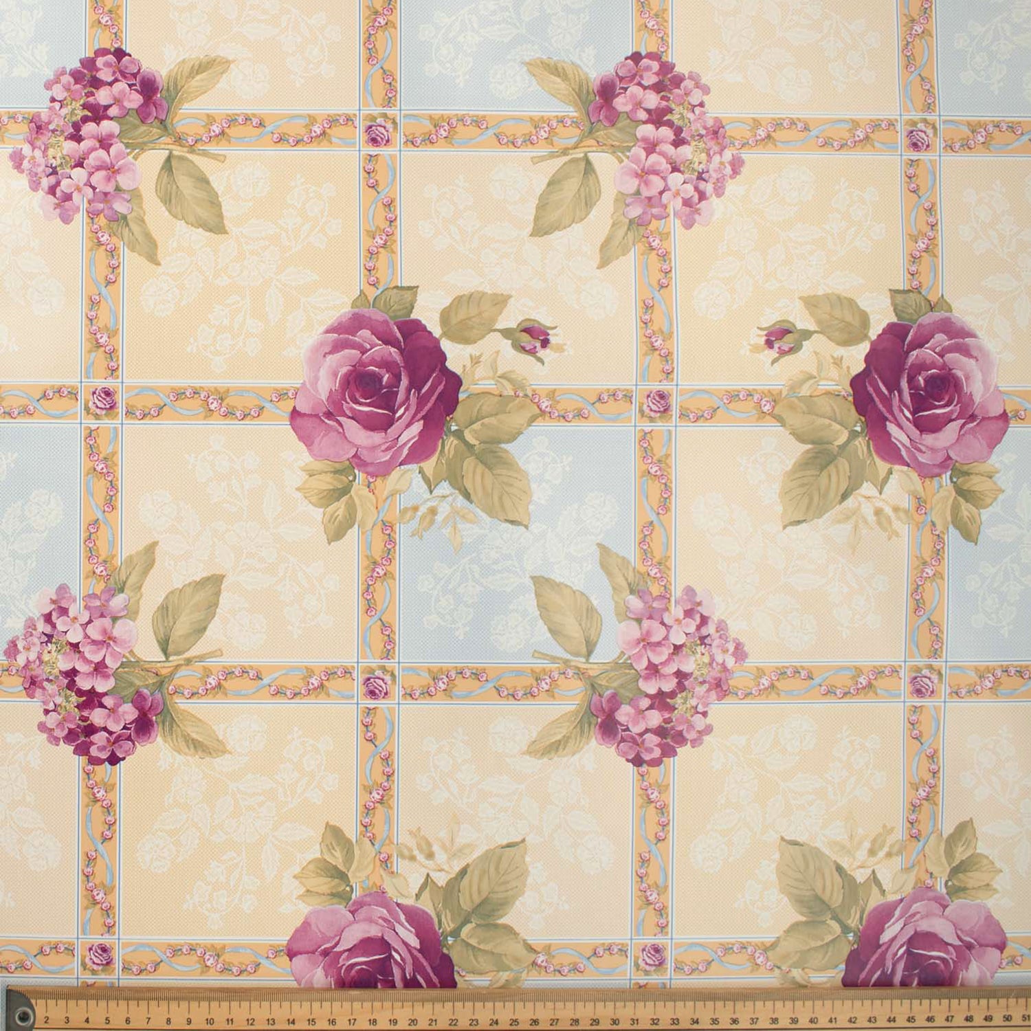 Purple Roses on Cream Check Plastic Tablecloth Fabric