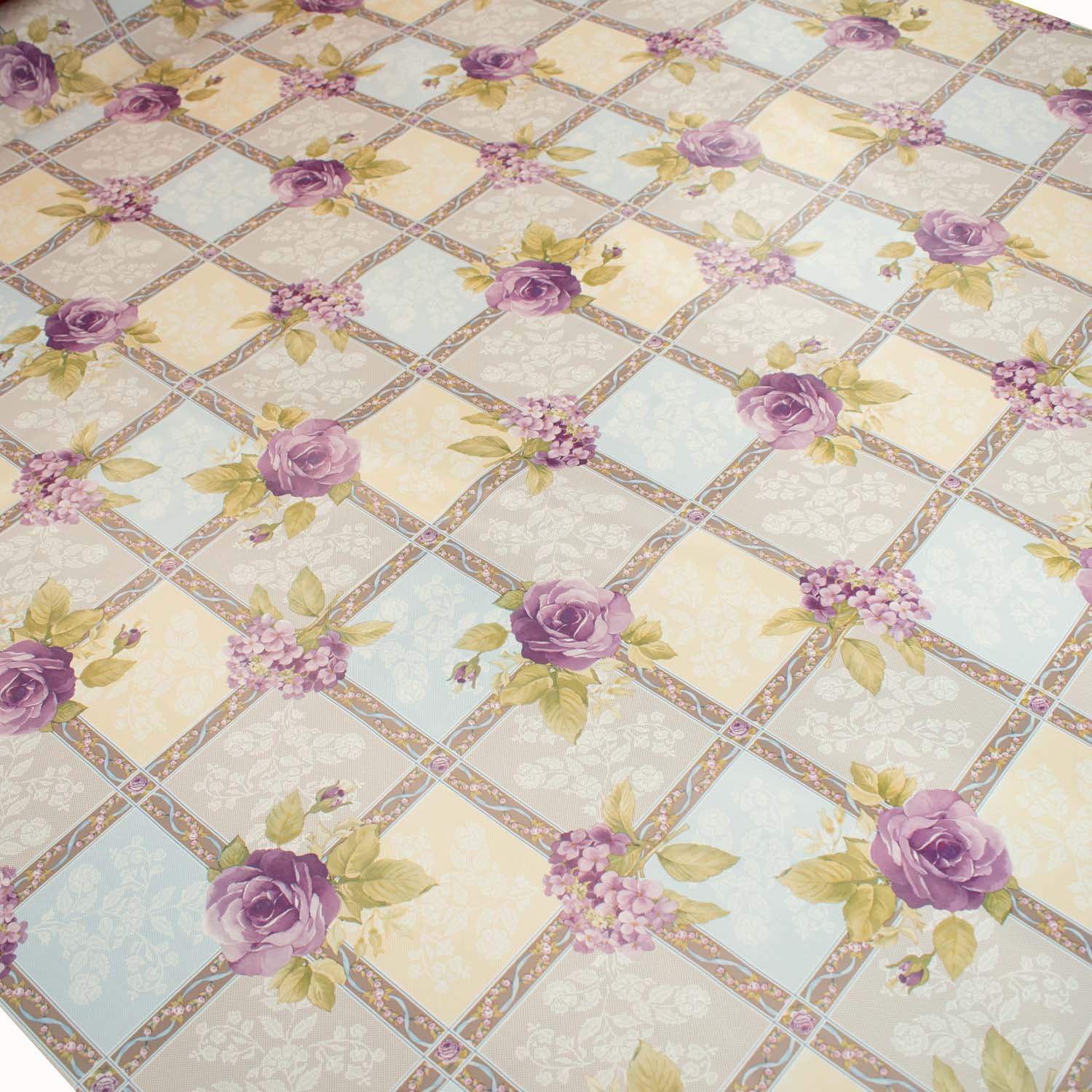 Lilac Flowers on Blue Check Plastic Tablecloth Fabric