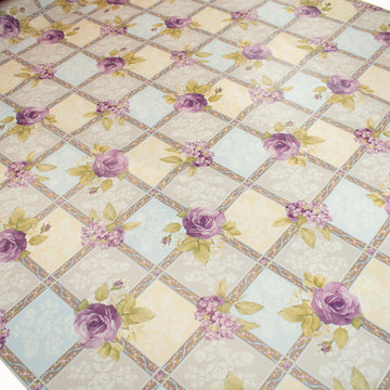 Lilac Flowers on Blue Check Plastic Tablecloth Fabric