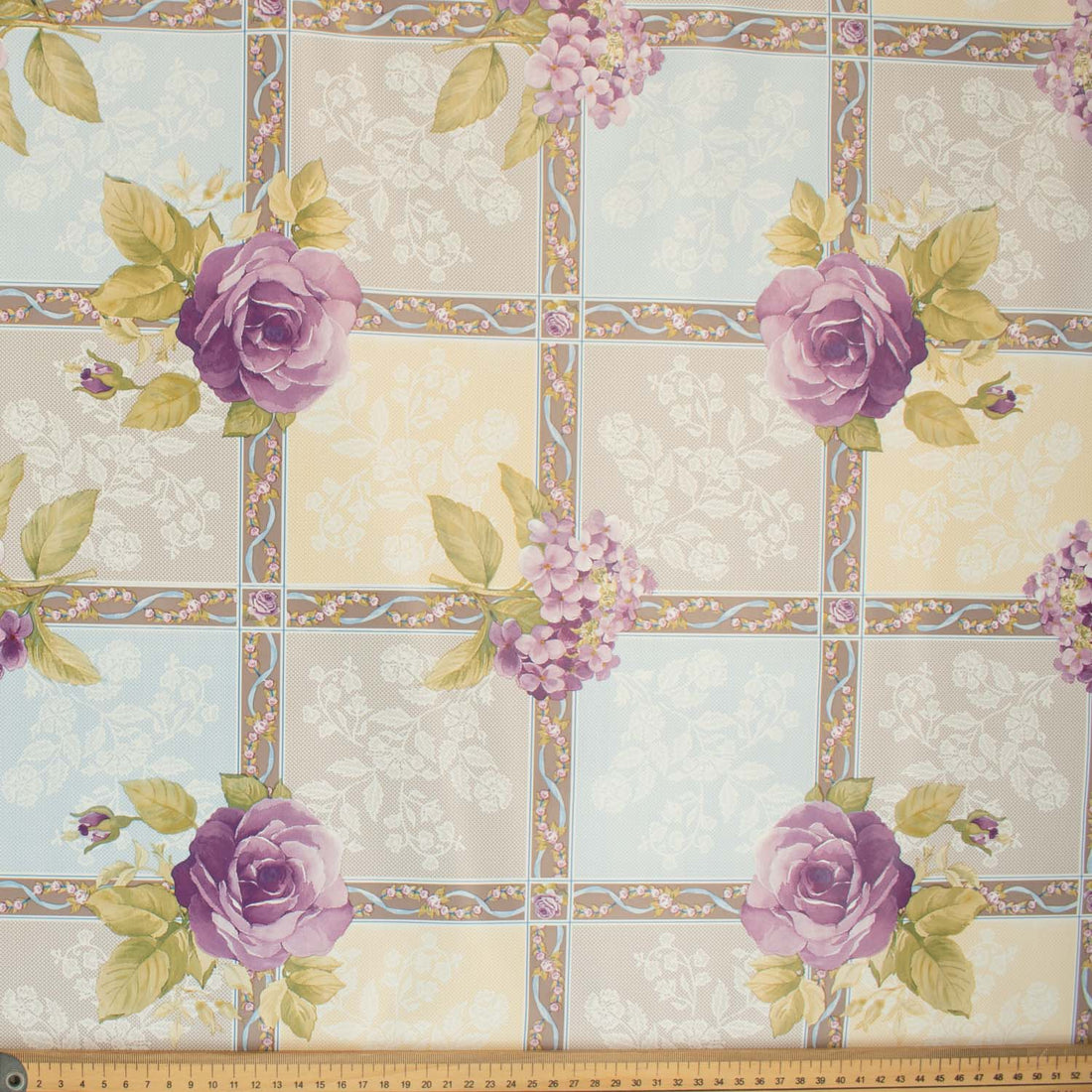 Lilac Flowers on Blue Check Plastic Tablecloth Fabric