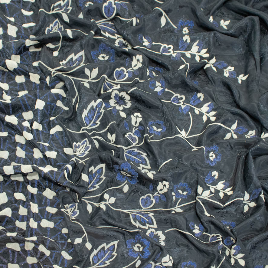 Navy Flocked Floral Embossed Jacquards