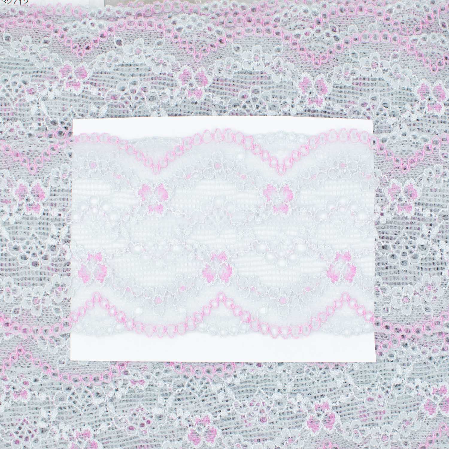 Flower Pink & Silver Stretch Lace Trim 75mm