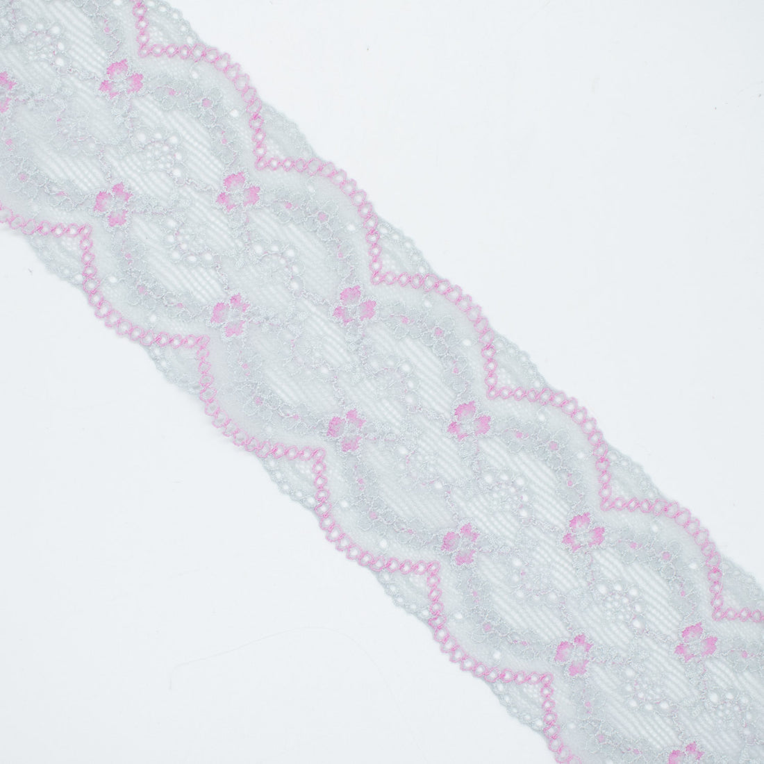 Flower Pink & Silver Stretch Lace Trim 75mm