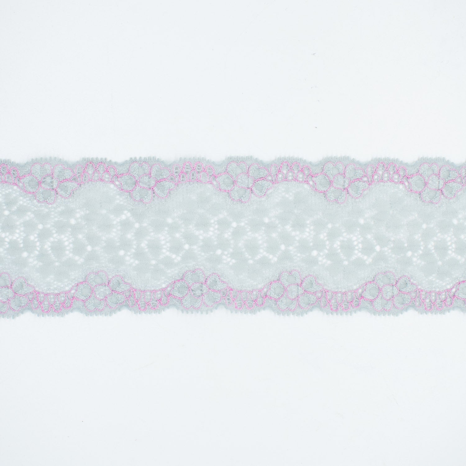 Flower Pink & Silver Stretch Lace Trim 70mm