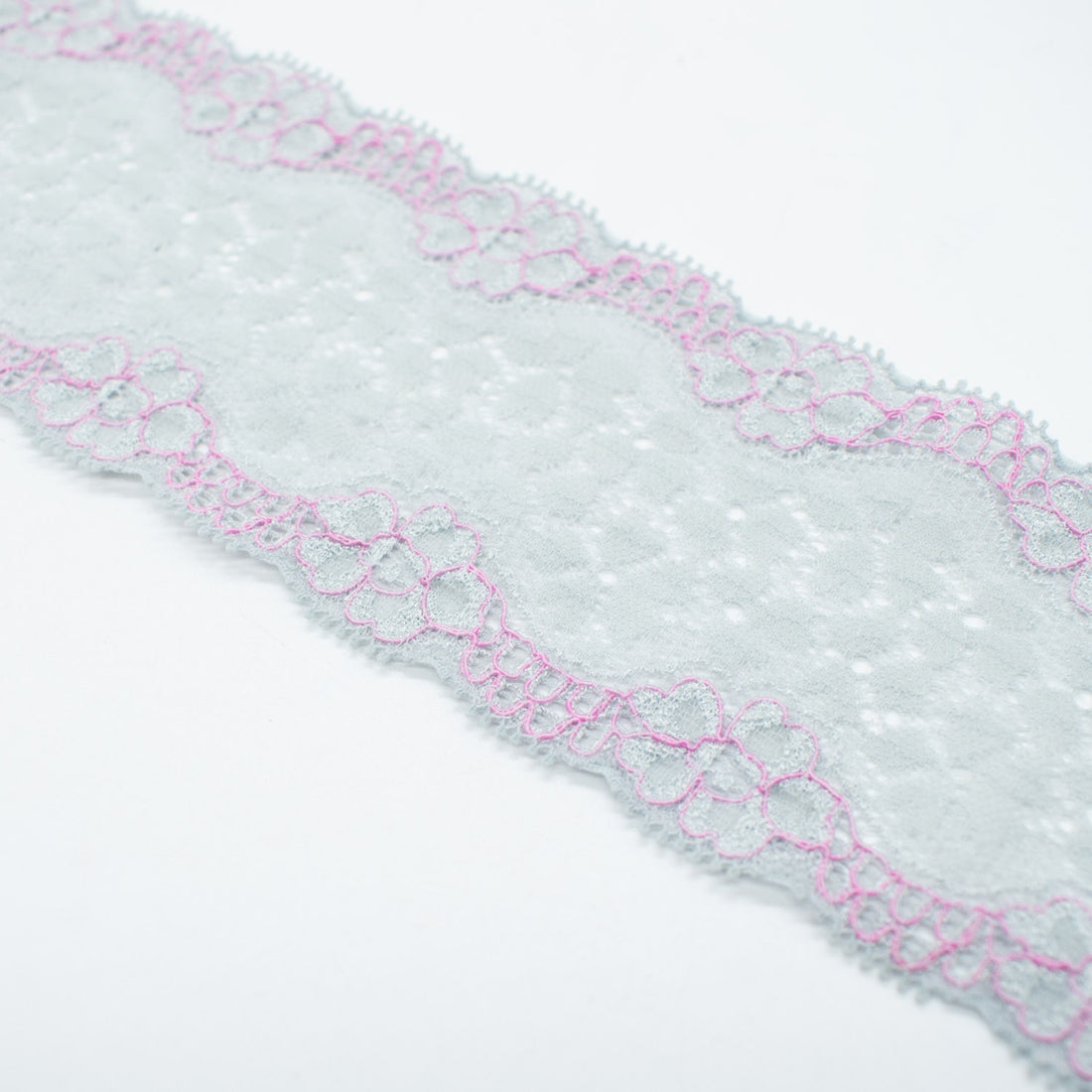 Flower Pink & Silver Stretch Lace Trim 70mm