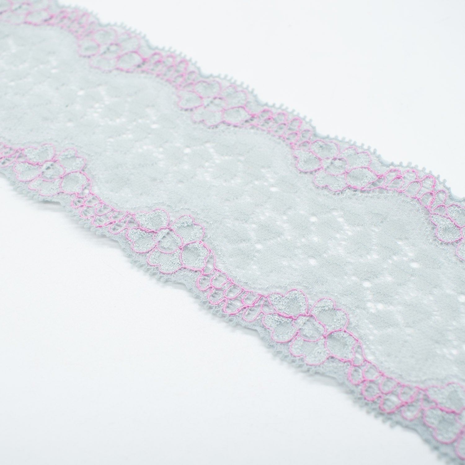 Flower Pink & Silver Stretch Lace Trim 70mm