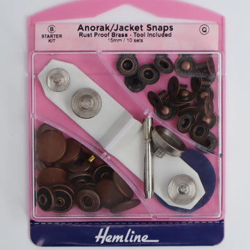 Hemline Anorak/Jacket Snaps With Tool Bronze - 15mm - Set of 10