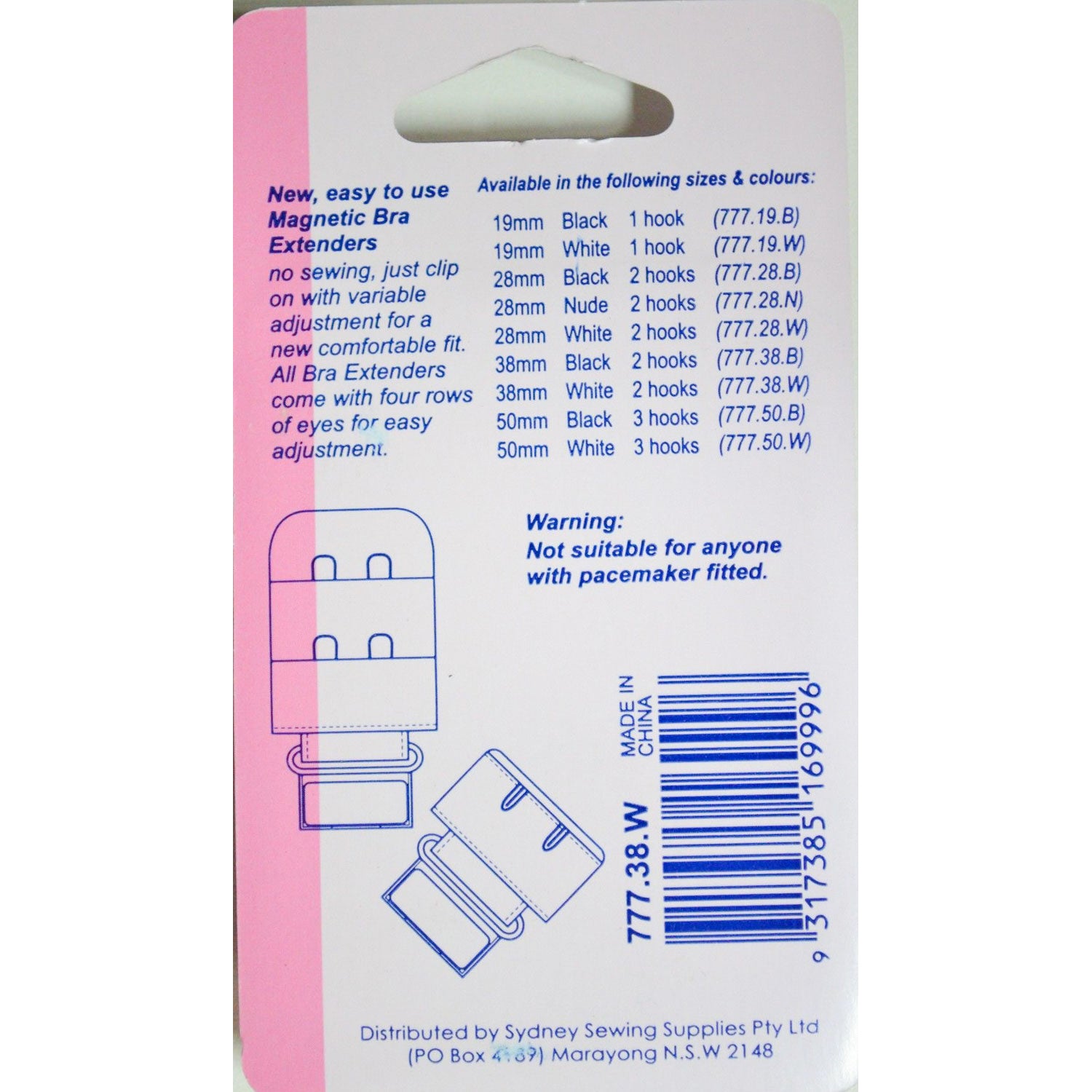 Hemline Magnetic Bra Extenders 38mm 2 Hooks White