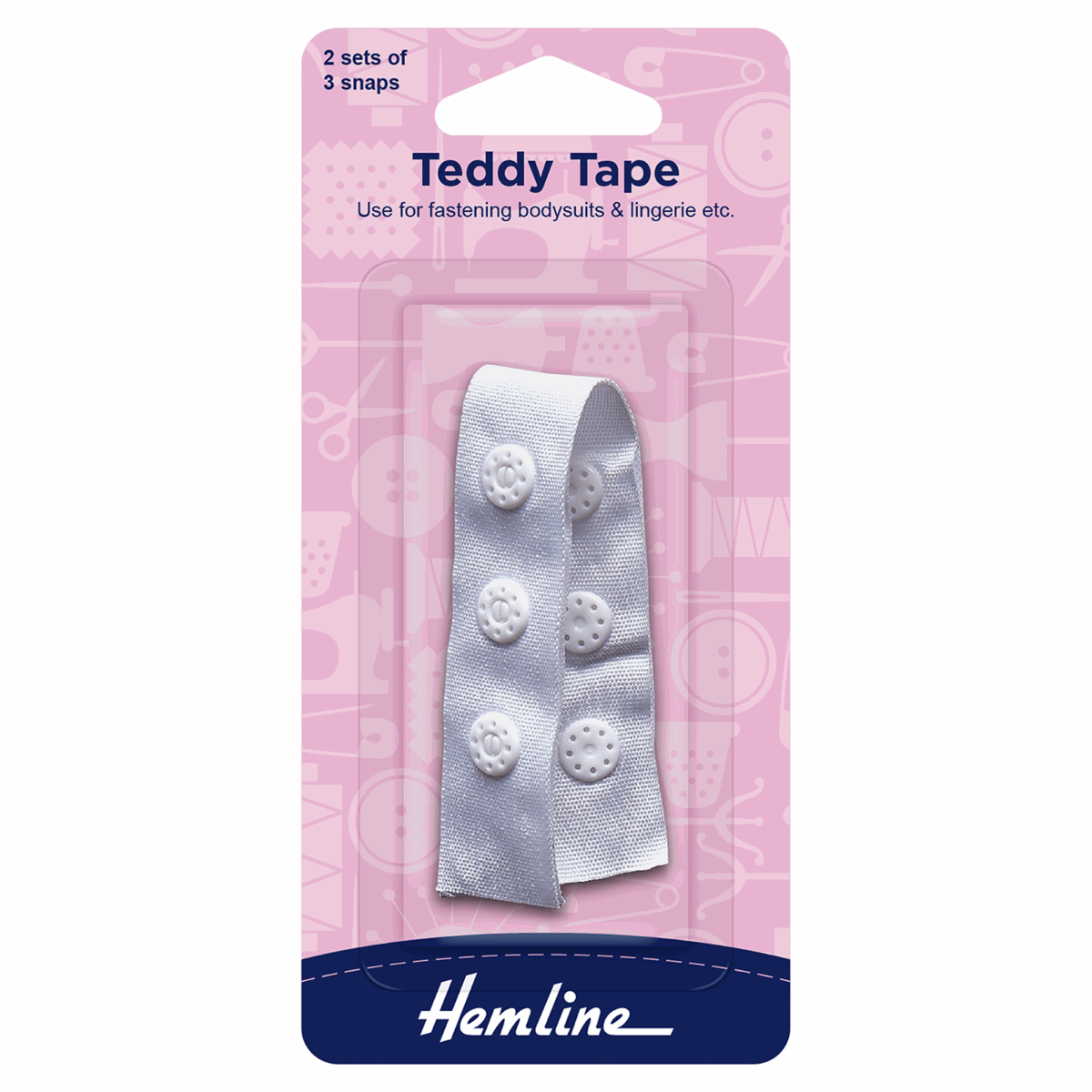 Hemline Teddy Tape 90mm - 2 Sets of 3 Snaps White