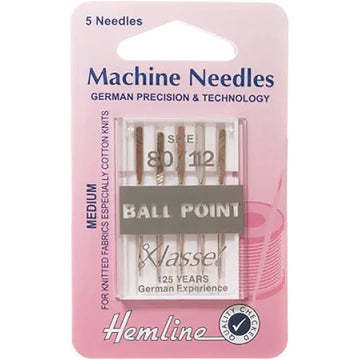 Hemline Klasse Sewing Machine Needles Ball Point 80/12 - 5 Per Cassette