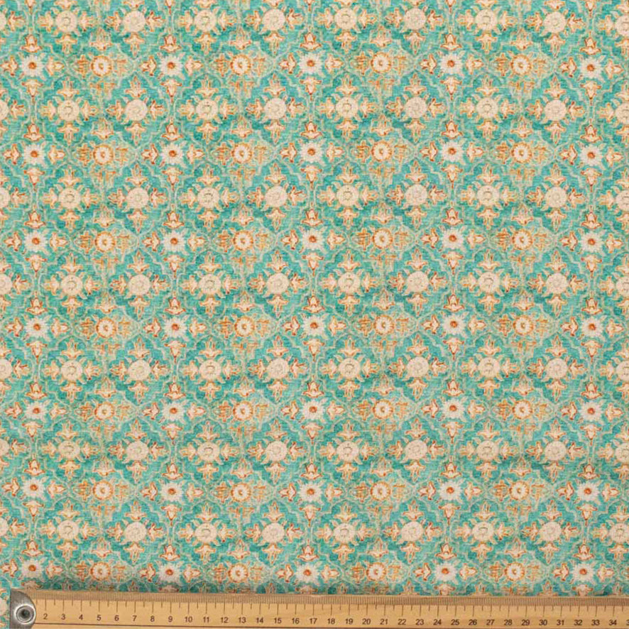 Linen Rayon Digital Print Design-1 Gold Vintage Floral on Teal