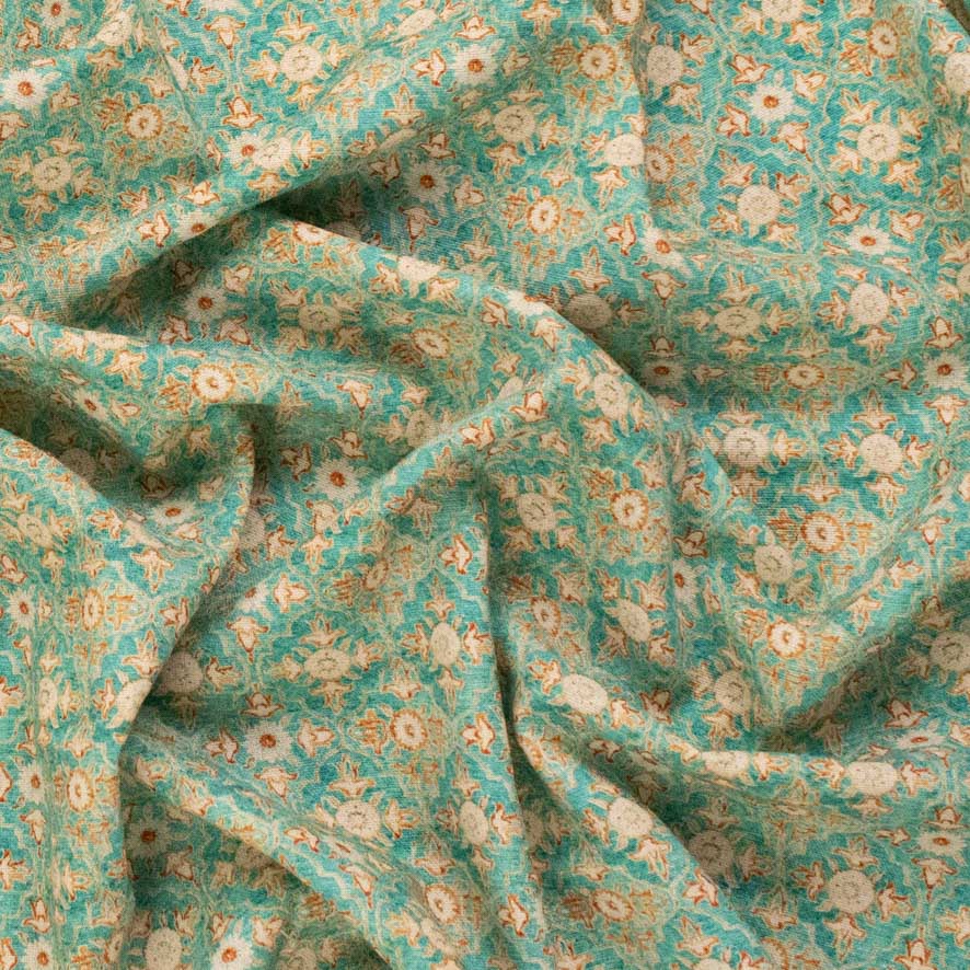 Linen Rayon Digital Print Design-1 Gold Vintage Floral on Teal
