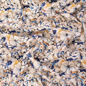 Linen Rayon Digital Print Design-2 Blue & Yellow Hibiscus Blossoms