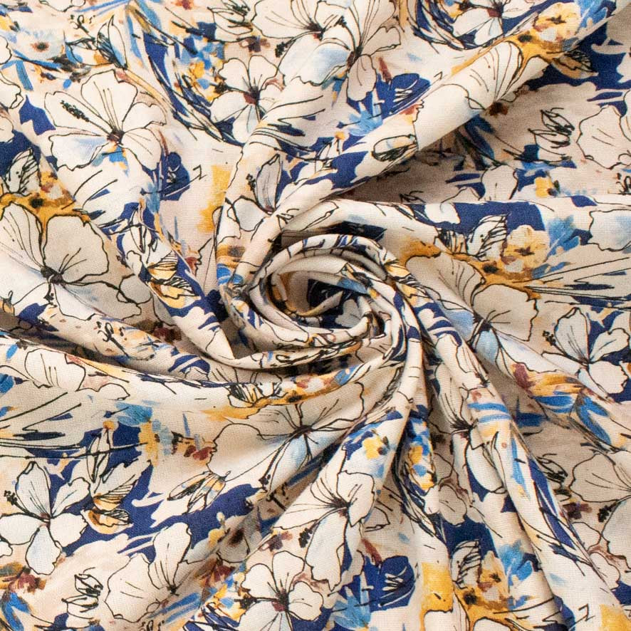 Linen Rayon Digital Print Design-2 Blue & Yellow Hibiscus Blossoms