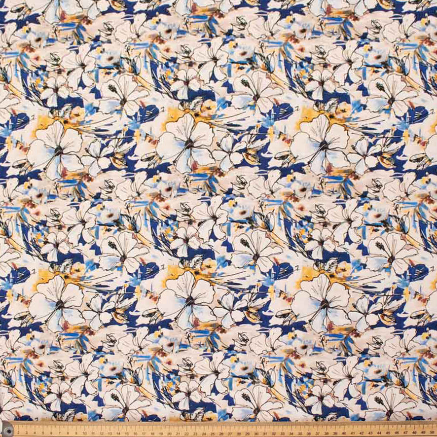 Linen Rayon Digital Print Design-2 Blue & Yellow Hibiscus Blossoms