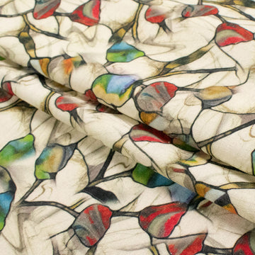 Linen Rayon Digital Print Design-4 Red & Green Abstract Leaves