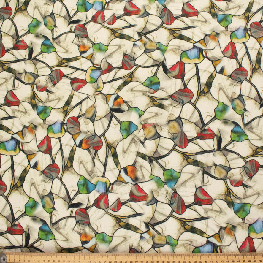 Linen Rayon Digital Print Design-4 Red & Green Abstract Leaves