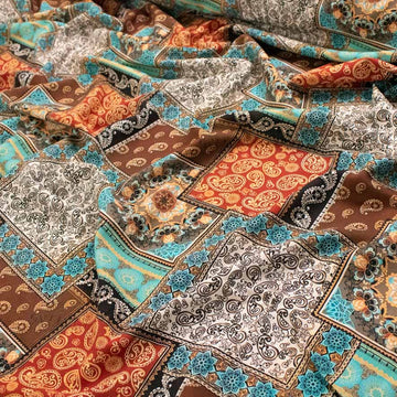 Linen Rayon Digital Print Design-6 Orange & Blue Patchwork