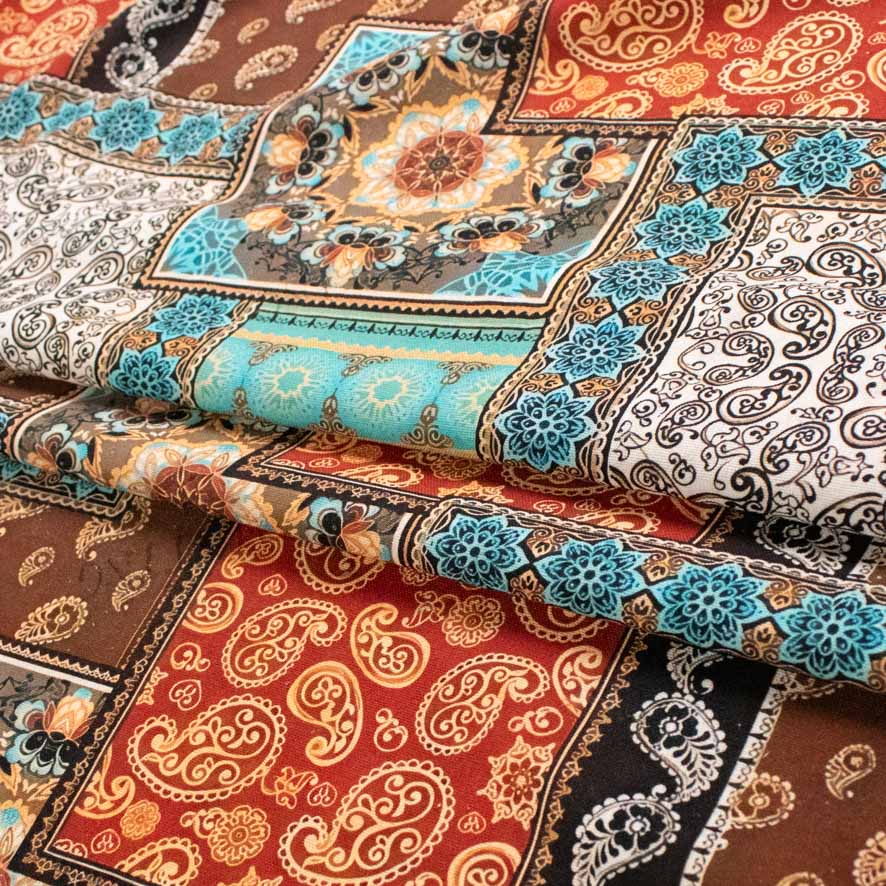 Linen Rayon Digital Print Design-6 Orange & Blue Patchwork