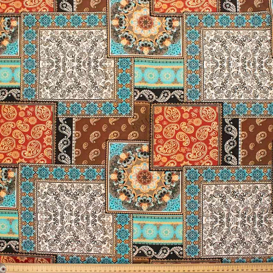 Linen Rayon Digital Print Design-6 Orange & Blue Patchwork