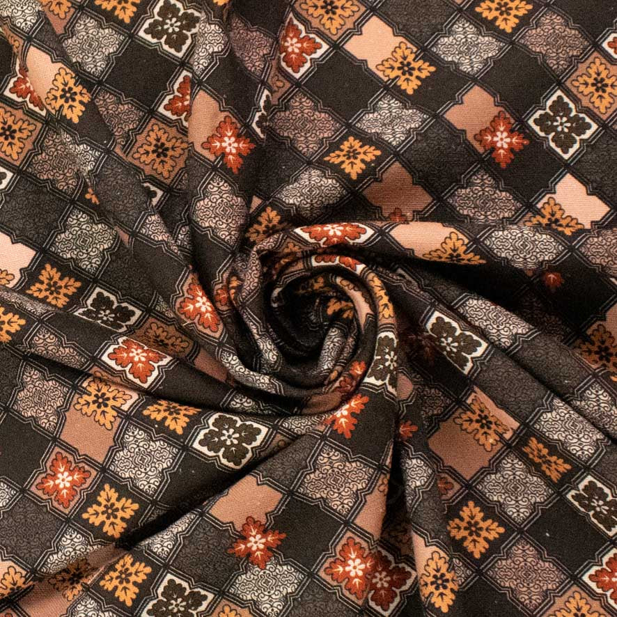 Linen Rayon Digital Print Design-7 Brown Diamond Grid