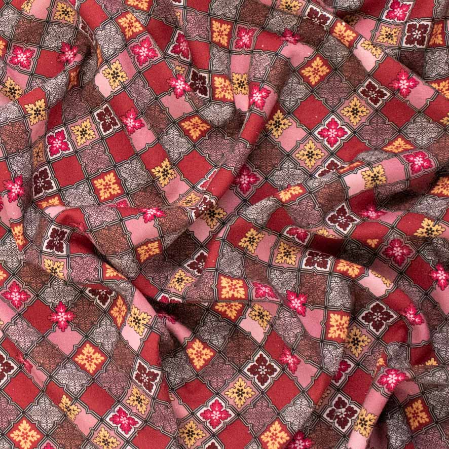 Linen Rayon Digital Print Design-7 Raspberry Diamond Grid