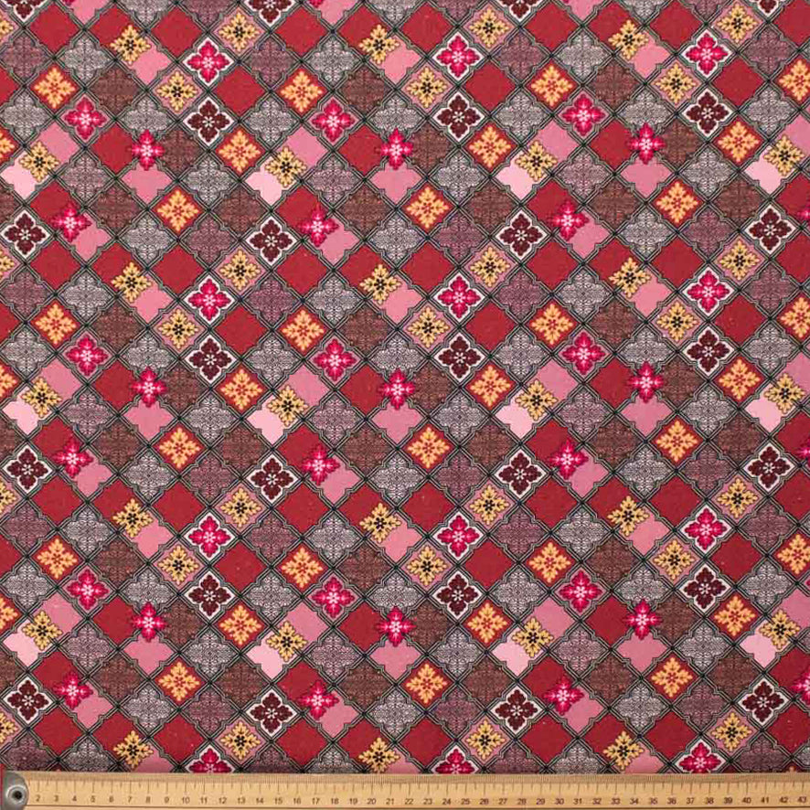 Linen Rayon Digital Print Design-7 Raspberry Diamond Grid