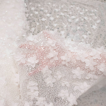 Luxury Pearl & Crystal Beaded Sequins Mesh Lace – SS41901 White 3D Flowers Ombre Heavy Border