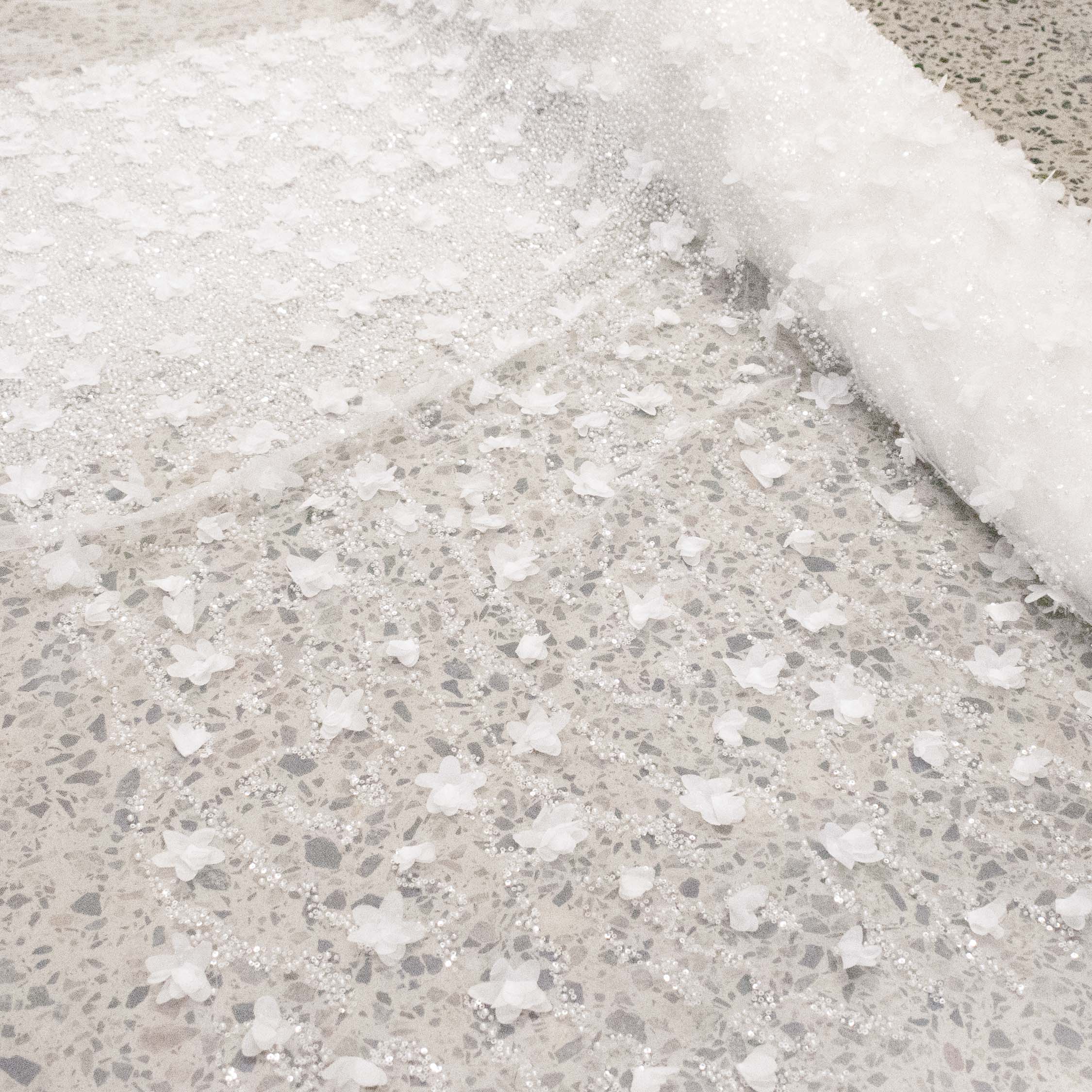 Luxury Pearl & Crystal Beaded Sequins Mesh Lace – SS41901 White 3D Flowers Ombre Heavy Border