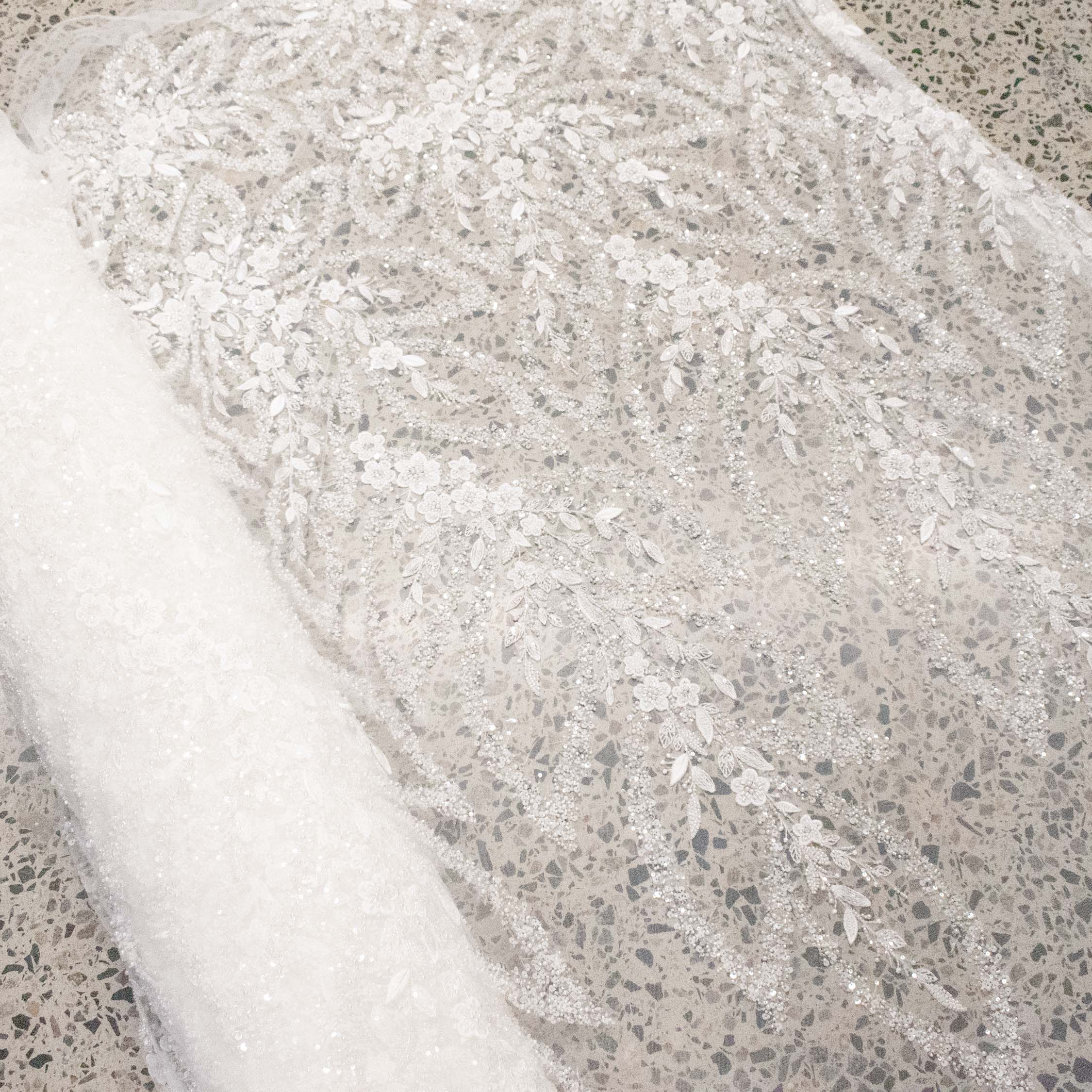 Heavy Beaded 3D Floral Vines Embroidered Couture Bridal Laces – PB2407 White