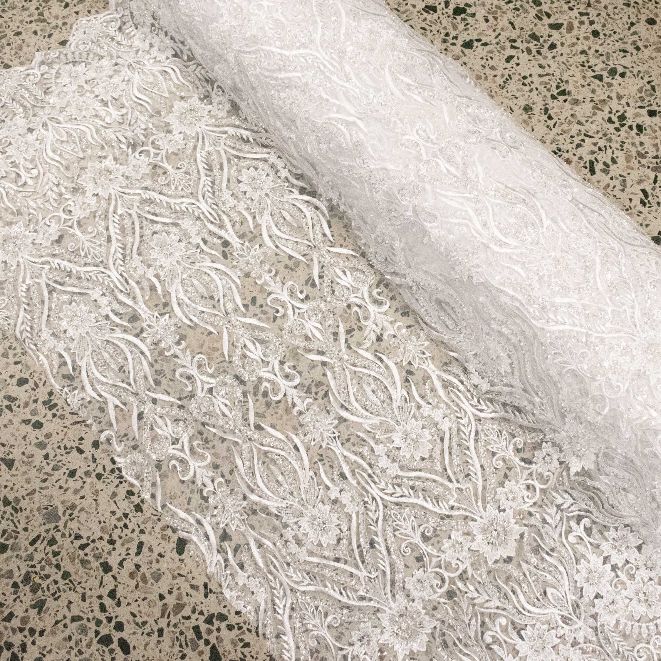 Heavy Beaded Sequin Embroidered Bridal Laces – GA7801 White Floral Vines