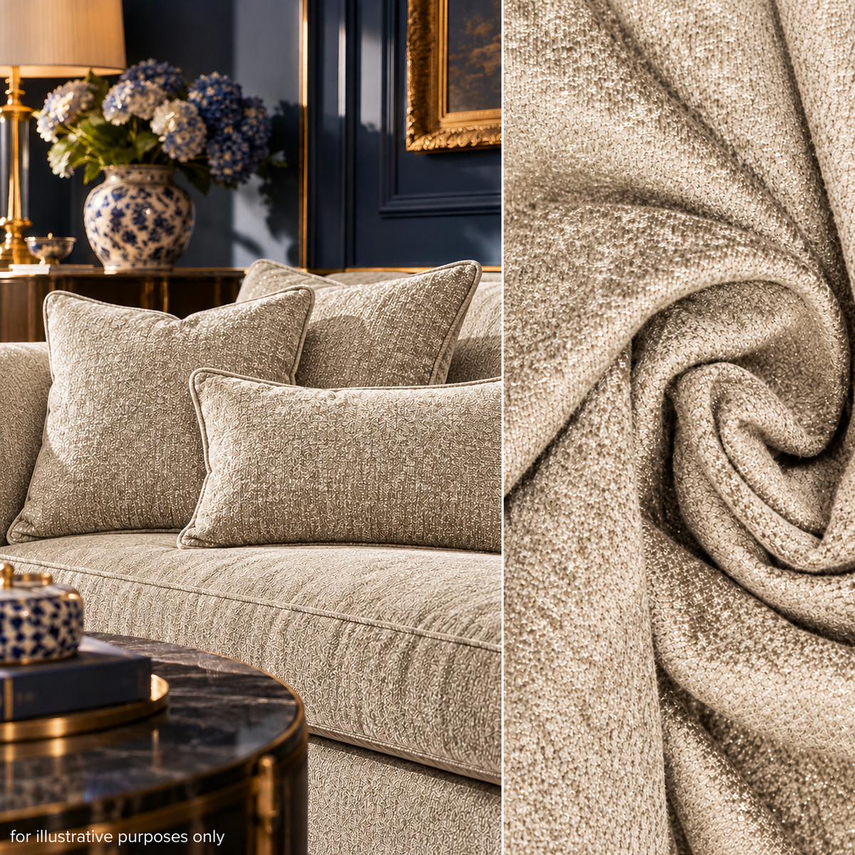 Metallic Lurex Chenille Curtaining & Upholstery Fabric in Beige
